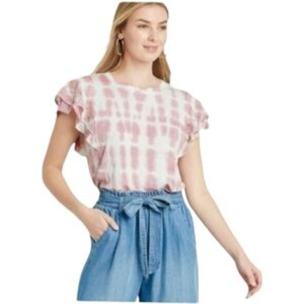 Knox Rose Pink and White Tie-Dye Ruffle Sleeve Boho Top